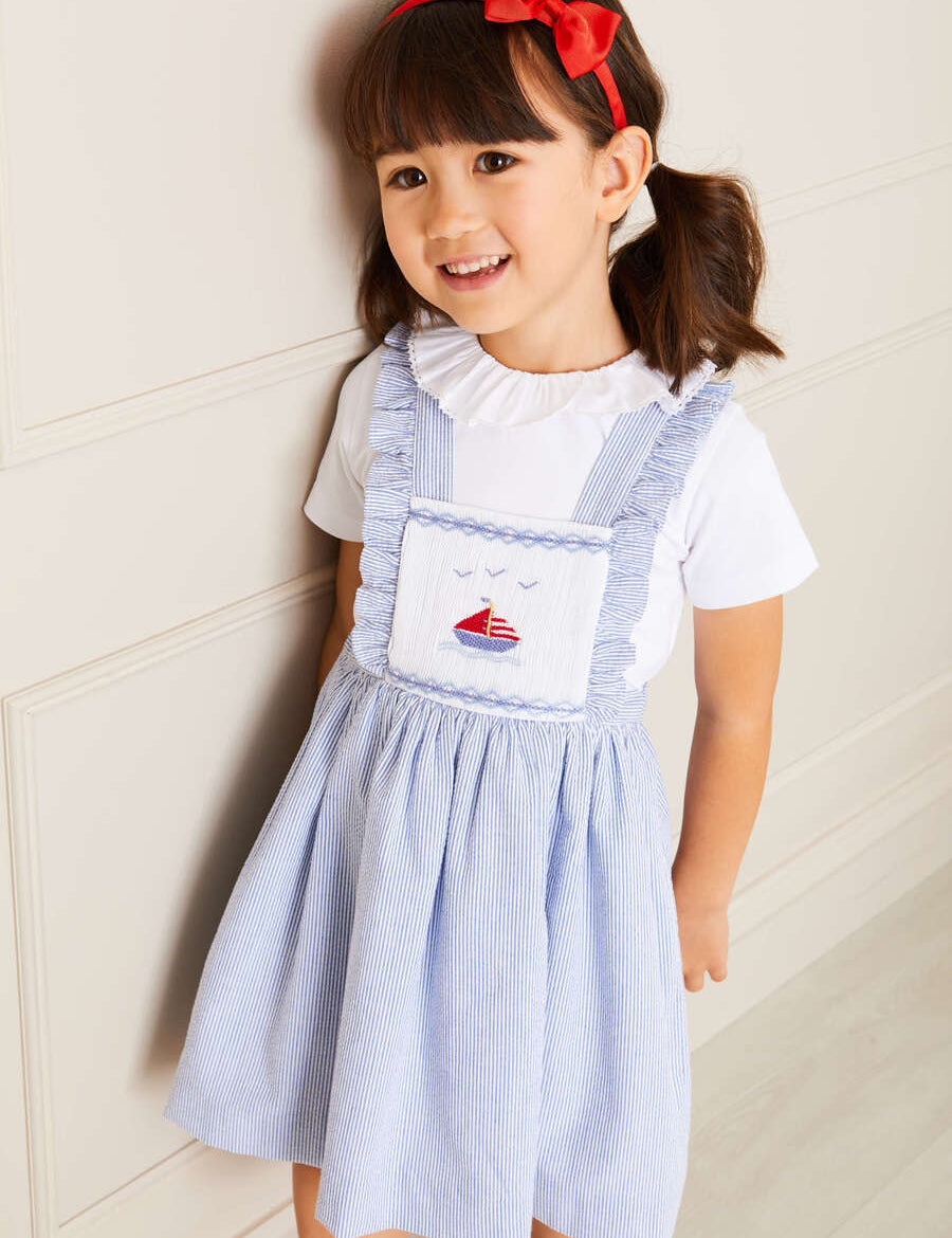 Nautical Striped Boat Embroidered Skirt with Braces in Blue (18mths-4yrs) Skirts  from Pepa London
