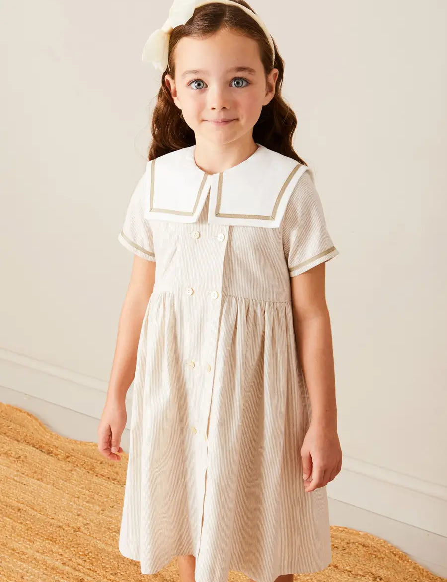 Waterford Striped Mariner Collar Double Breasted Short Sleeve Dress in Beige (12mths-10yrs) DRESSES from Pepa London