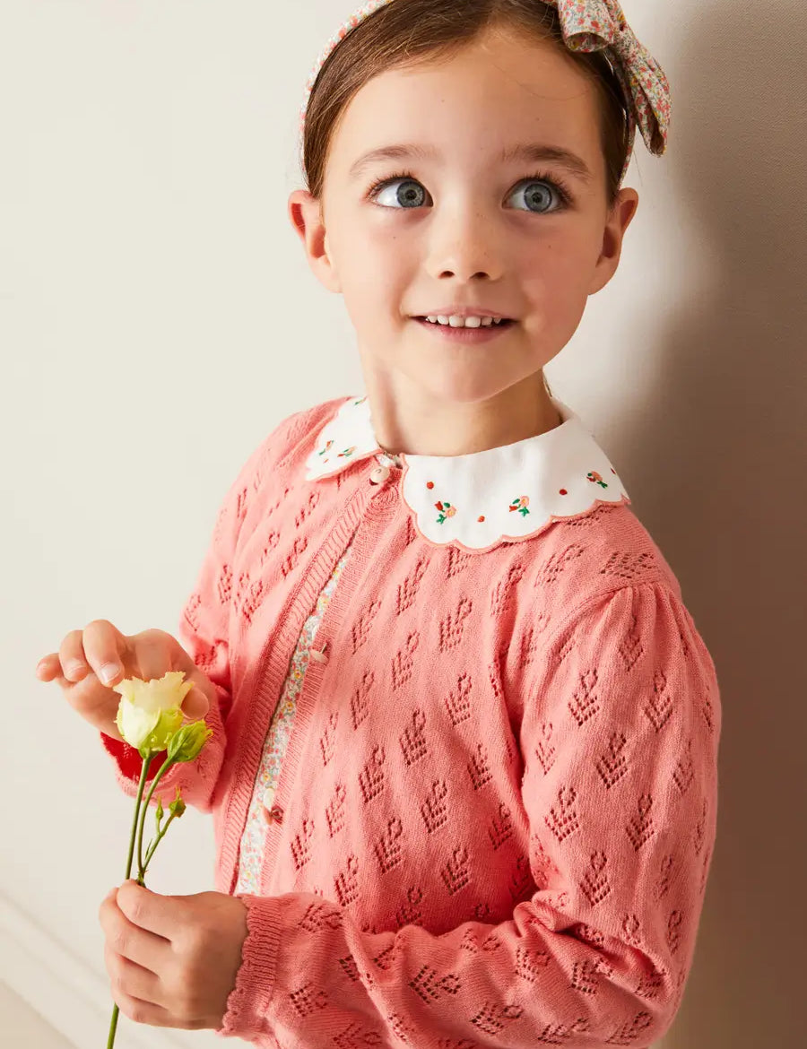Floral Openwork Cotton Cardigan in Pink (2-10yrs) KNITWEAR from Pepa London
