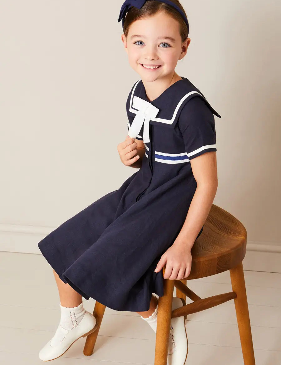 Mariner Collar Bow Detail Short Sleeve Dress in Navy (4-12yrs) DRESSES from Pepa London