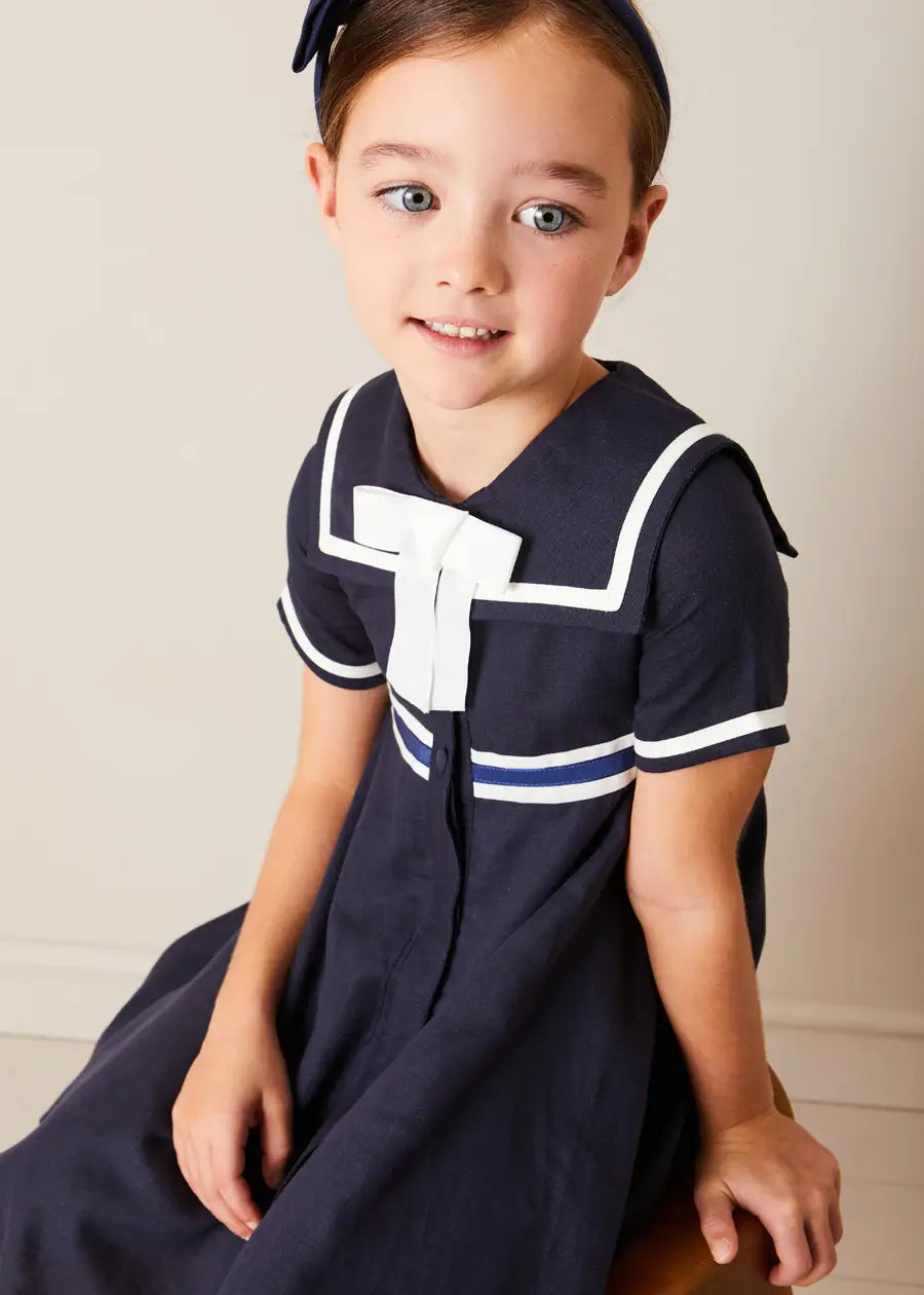 Mariner Collar Bow Detail Short Sleeve Dress in Navy (4-12yrs) DRESSES from Pepa London