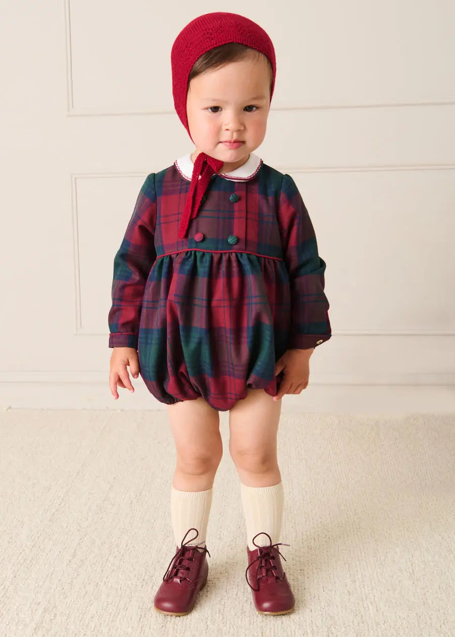 Grosvenor Tartan Peter Pan Collar Long Sleeve Romper in Red (6mths-3yrs) Rompers from Pepa London