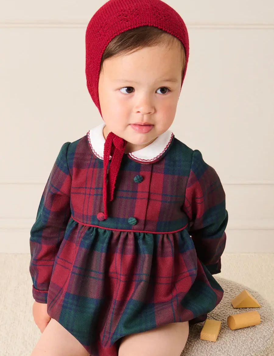 Grosvenor Tartan Peter Pan Collar Long Sleeve Romper in Red (6mths-3yrs) Rompers from Pepa London