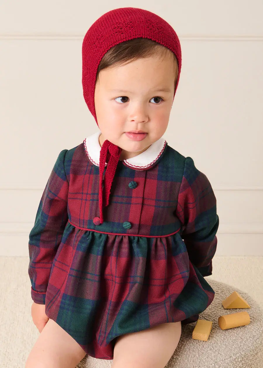 Grosvenor Tartan Peter Pan Collar Long Sleeve Romper in Red (6mths-3yrs) Rompers from Pepa London