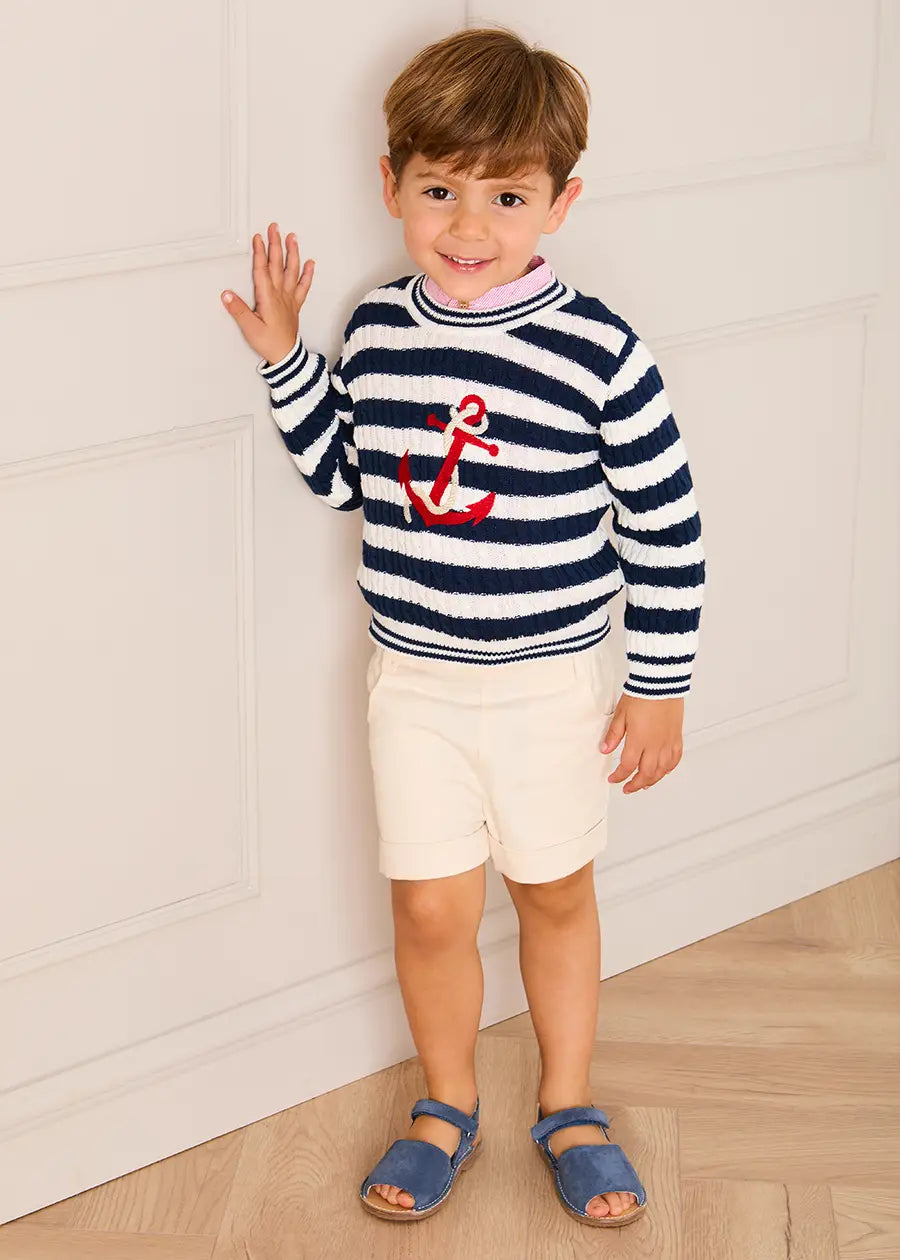 Anchor Motif Cable Knit Sailor Stripe Jumper in Navy (12mths- 10yrs) Knitwear from Pepa London