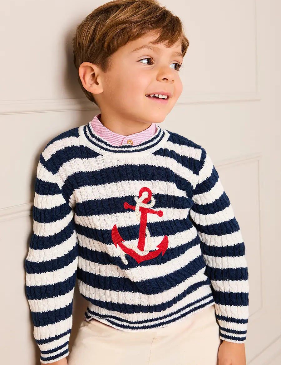 Anchor Motif Cable Knit Sailor Stripe Jumper in Navy (12mths- 10yrs) KNITWEAR from Pepa London