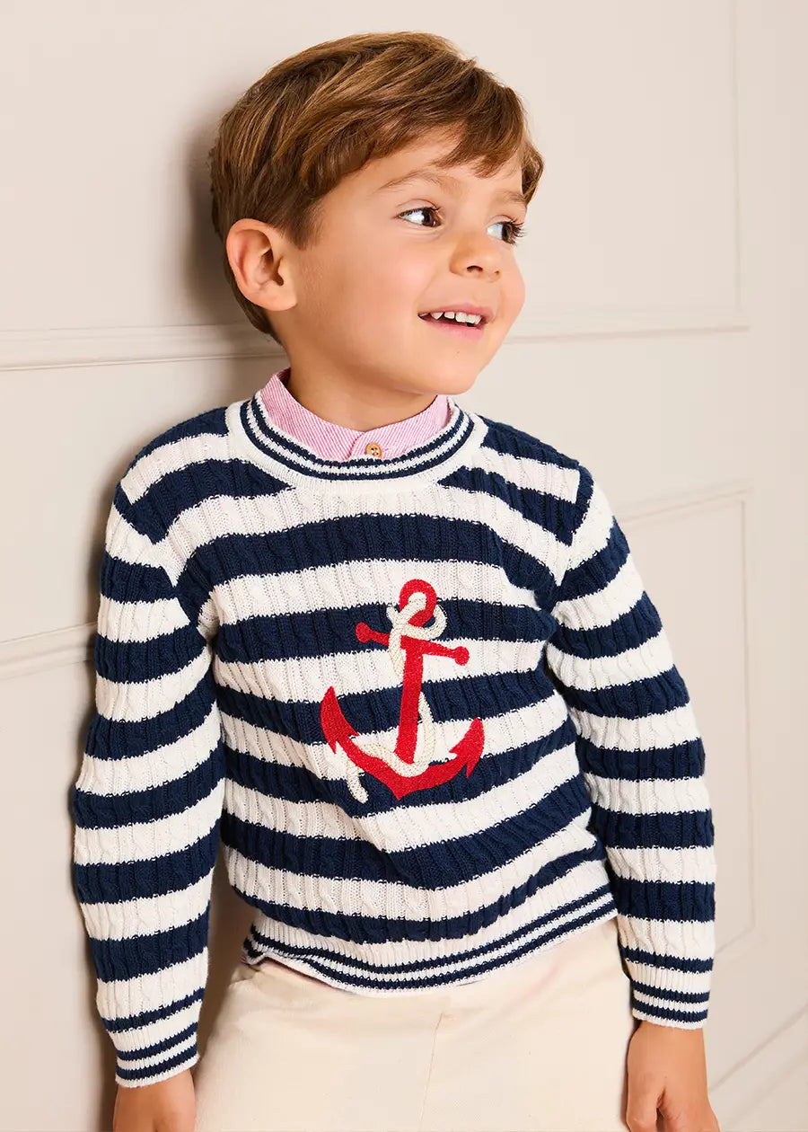 Anchor Motif Cable Knit Sailor Stripe Jumper in Navy (12mths- 10yrs) Knitwear from Pepa London