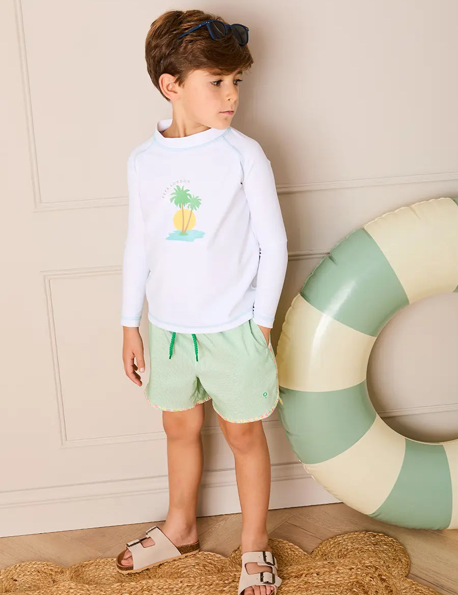 Striped Annie Apple Trim Detail Swim Shorts in Green (12mths- 10yrs) Swimwear from Pepa London