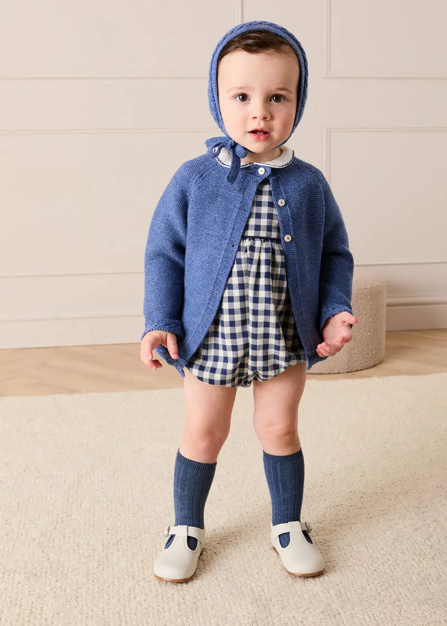 Draycott Check Peter Pan Collar Long Sleeve Romper in Blue (6mths-3yrs) Rompers from Pepa London