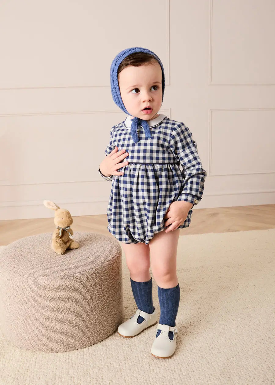 Draycott Check Peter Pan Collar Long Sleeve Romper in Blue (6mths-3yrs) Rompers from Pepa London