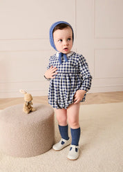 Draycott Check Peter Pan Collar Long Sleeve Romper in Blue (6mths-3yrs) Rompers from Pepa London