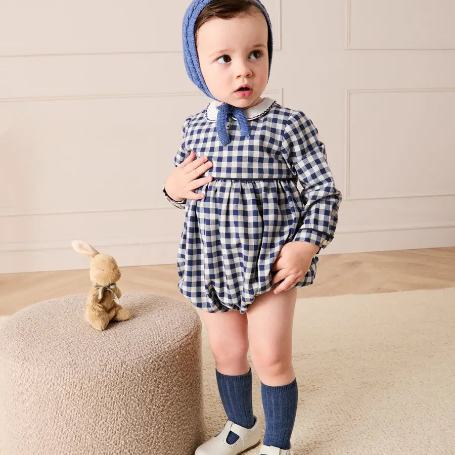 Draycott Check Peter Pan Collar Long Sleeve Romper in Blue (6mths-3yrs) Rompers from Pepa London