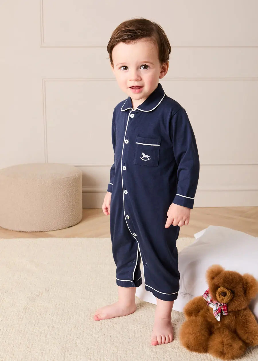 Rocking Horse Embroidered Pima Cotton All In One Pyjamas in Navy (6mths-3yrs) NIGHTWEAR from Pepa London