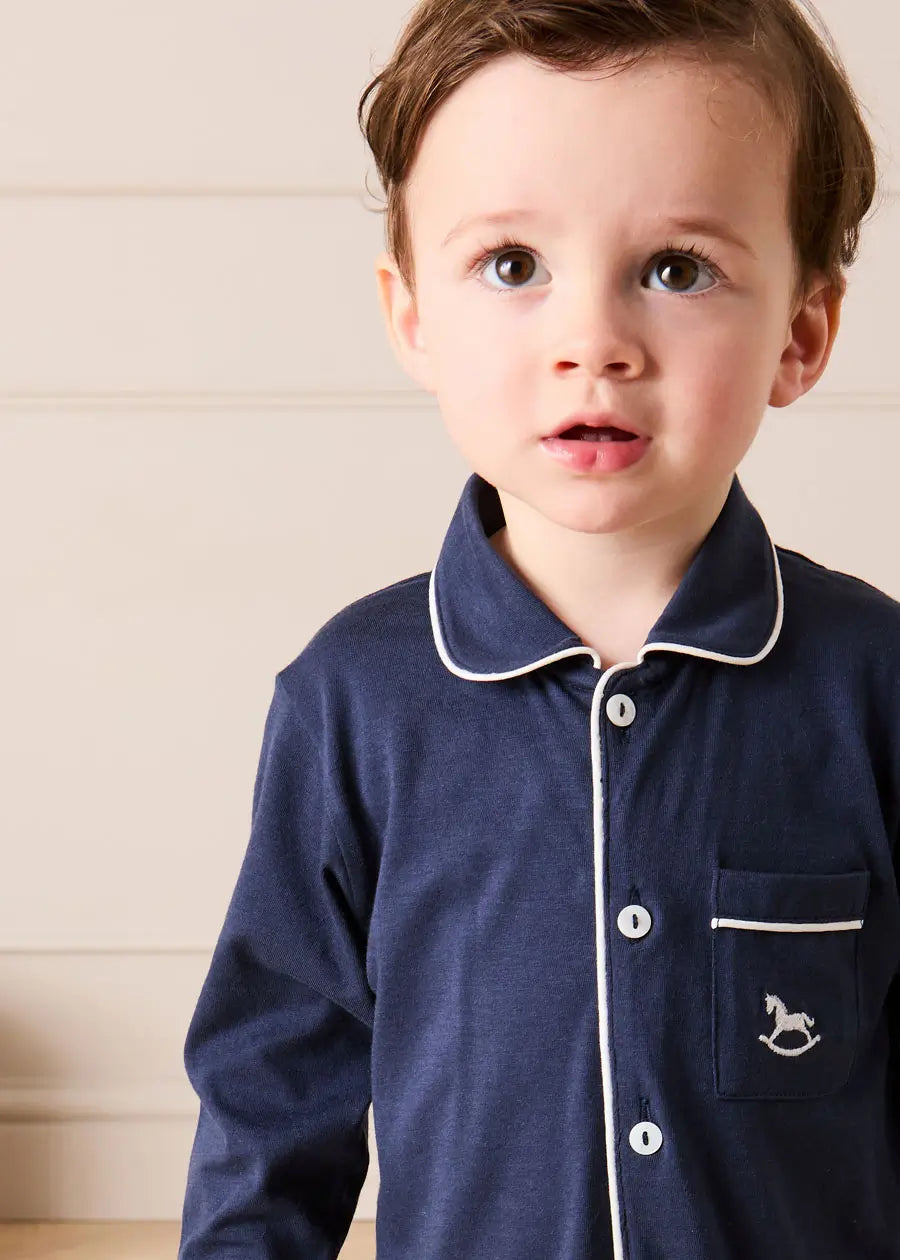 Rocking Horse Embroidered Pima Cotton All In One Pyjamas in Navy (6mths-3yrs) NIGHTWEAR from Pepa London