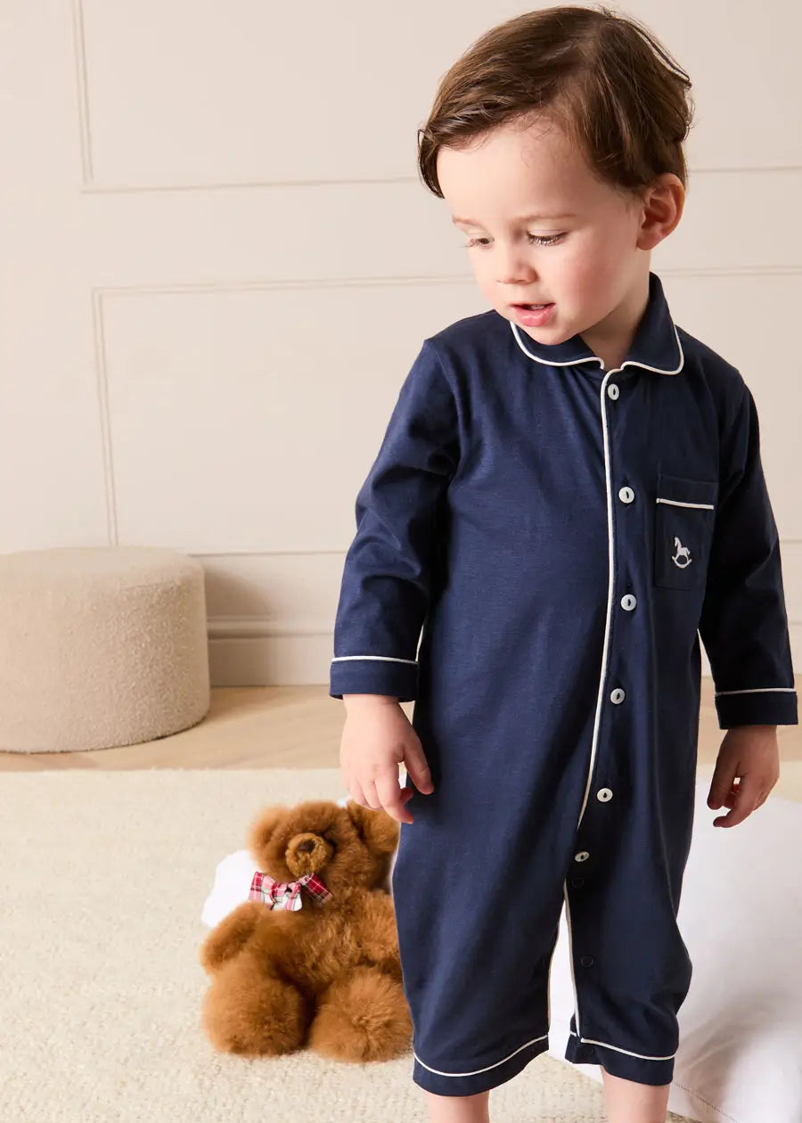 Rocking Horse Embroidered Pima Cotton All In One Pyjamas in Navy (6mths-3yrs) NIGHTWEAR from Pepa London