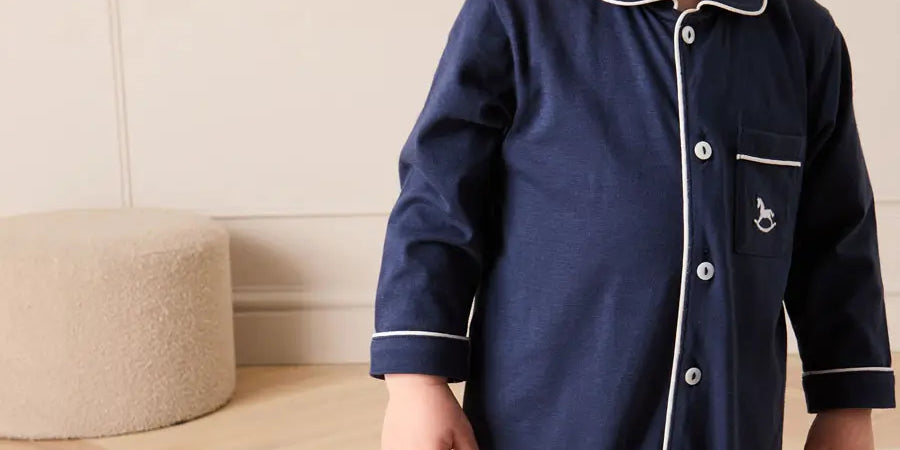 Rocking Horse Embroidered Pima Cotton All In One Pyjamas in Navy (6mths-3yrs) NIGHTWEAR from Pepa London
