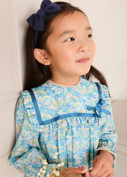 Leontyne Floral Bow Detail Long Sleeve Trapeze Dress in Blue Made with Liberty Fabric (18mths- 10yrs) Dresses from Pepa London
