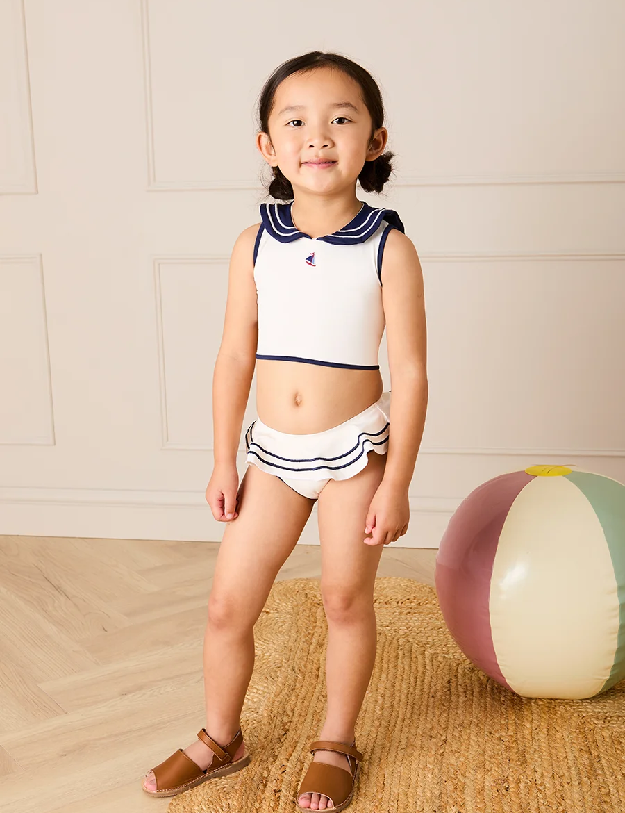 Mariner Collar Embroidered Boat Motif Two Piece Swimsuit in White (12mths- 10yrs) SWIMWEAR from Pepa London