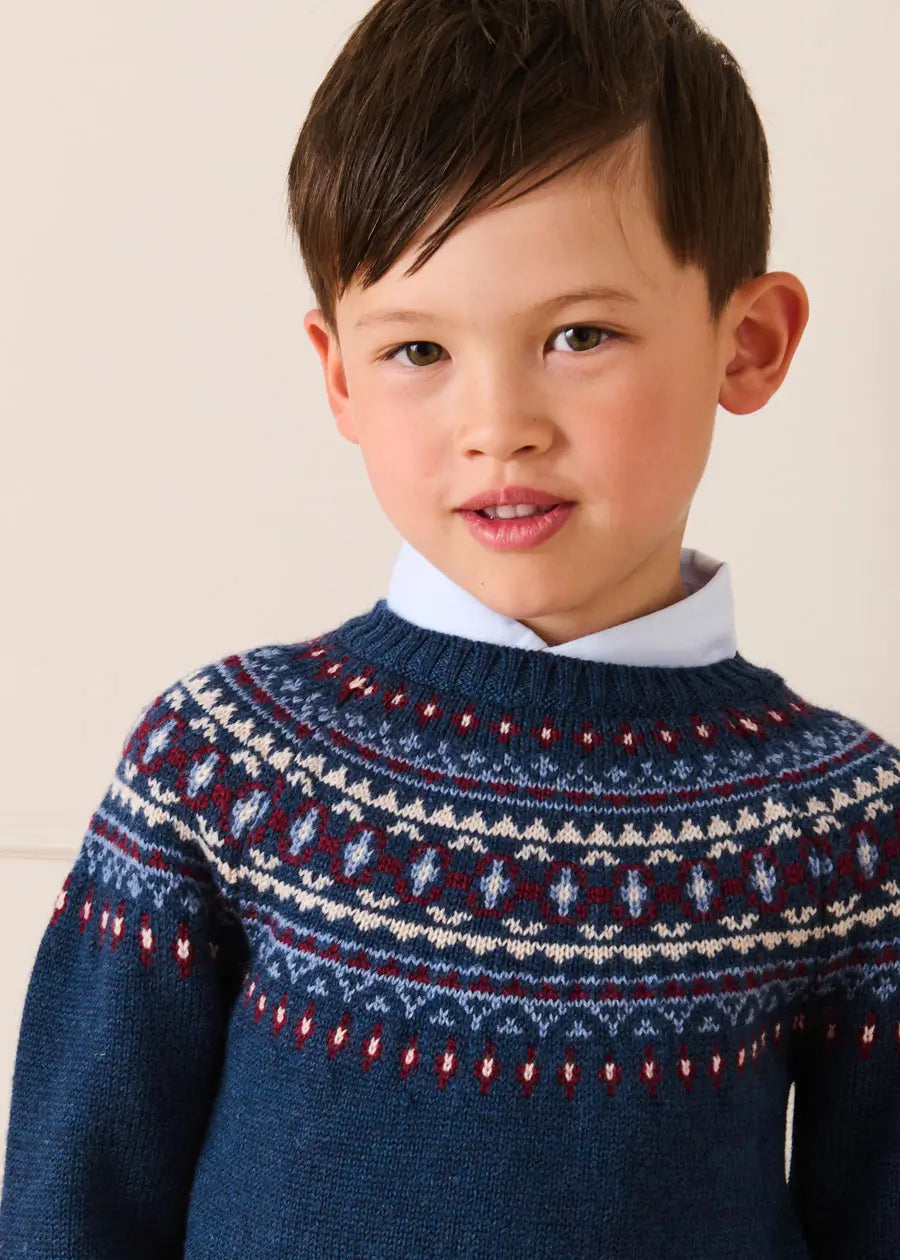 Fair Isle Jacquard Jumper in Navy (3-10yrs) Knitwear from Pepa London