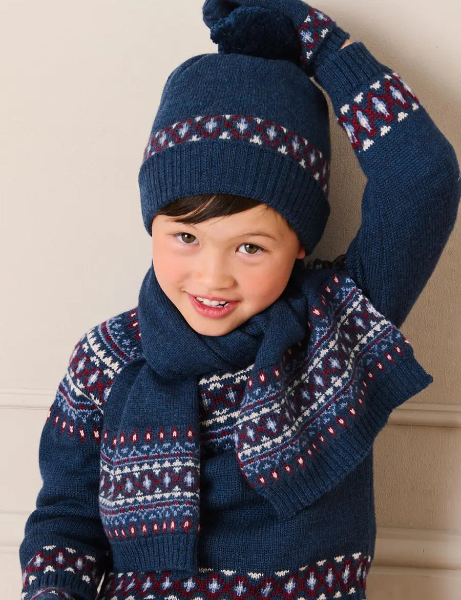 Fair Isle Knitted Pom Pom Hat in Navy (S-L) Knitted Accessories from Pepa London