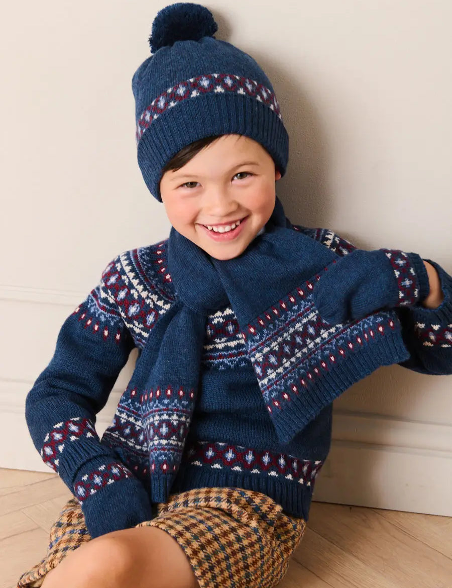 Fair Isle Knitted Scarf in Navy (OS) Knitted Accessories from Pepa London