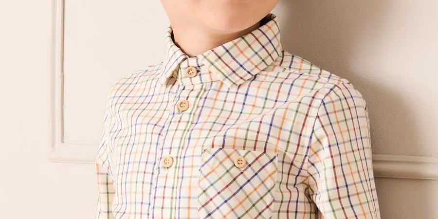 Rutland Check Polo Collar Long Sleeve Shirt in Beige (3-10yrs) SHIRTS from Pepa London