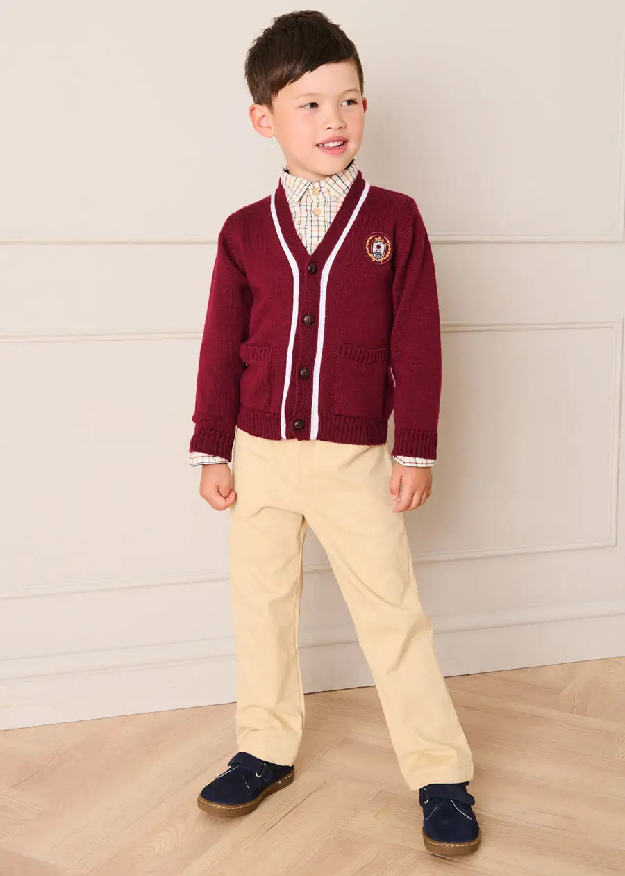 Apple Crest Pocket Detail with White Trim Cardigan in Burgundy (3-10yrs) Knitwear from Pepa London