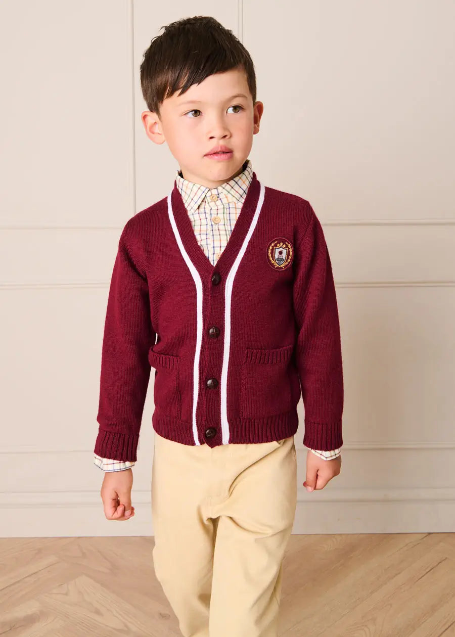 Apple Crest Pocket Detail with White Trim Cardigan in Burgundy (3-10yrs) Knitwear from Pepa London