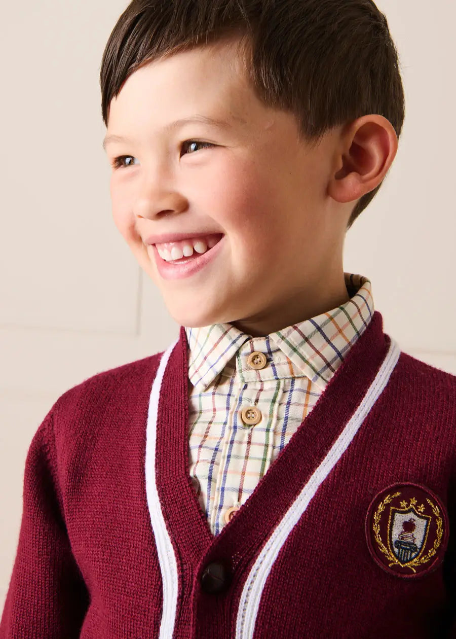 Apple Crest Pocket Detail with White Trim Cardigan in Burgundy (3-10yrs) Knitwear from Pepa London