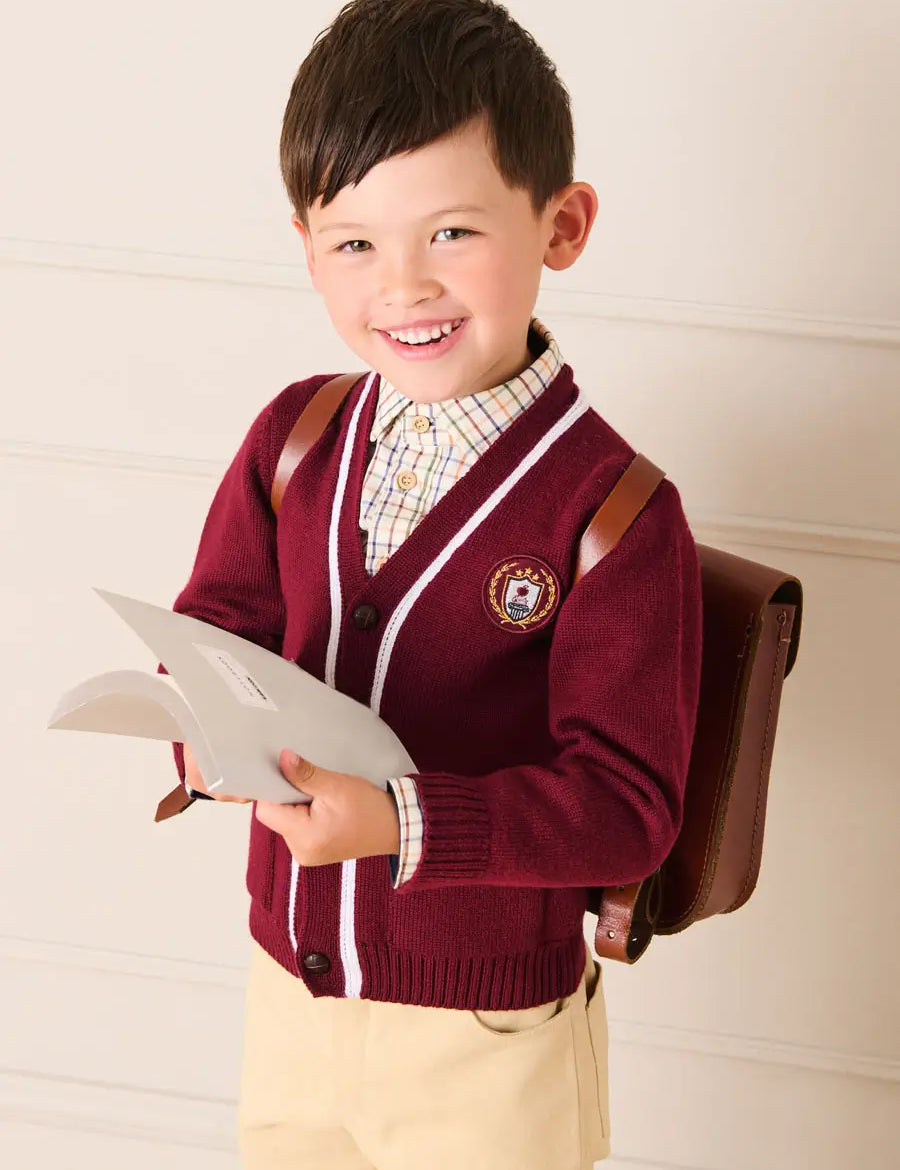 Apple Crest Pocket Detail with White Trim Cardigan in Burgundy (3-10yrs) Knitwear from Pepa London