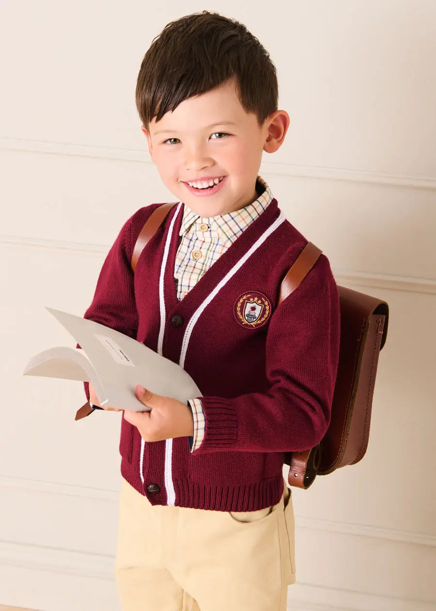 Apple Crest Pocket Detail with White Trim Cardigan in Burgundy (3-10yrs) Knitwear from Pepa London