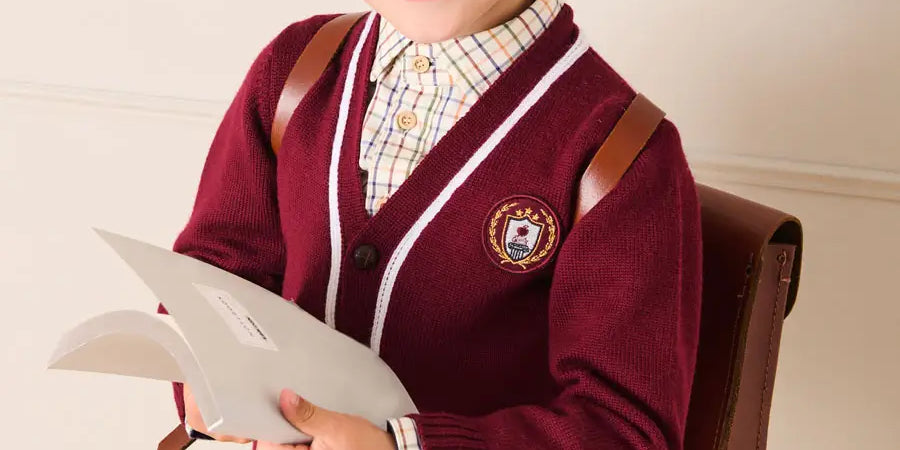 Apple Crest Pocket Detail with White Trim Cardigan in Burgundy (3-10yrs) Knitwear from Pepa London