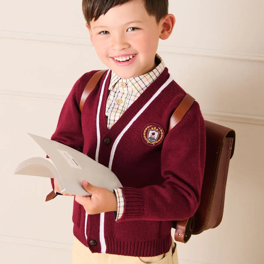 Apple Crest Pocket Detail with White Trim Cardigan in Burgundy (3-10yrs) Knitwear from Pepa London