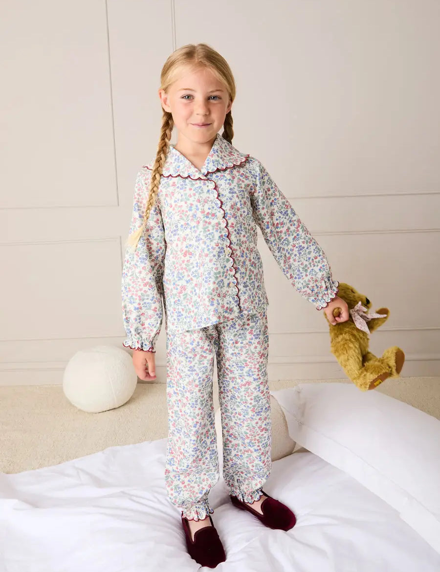 Rebecca Floral Scallop Edge Pyjamas in Red (2-10yrs) Nightwear from Pepa London
