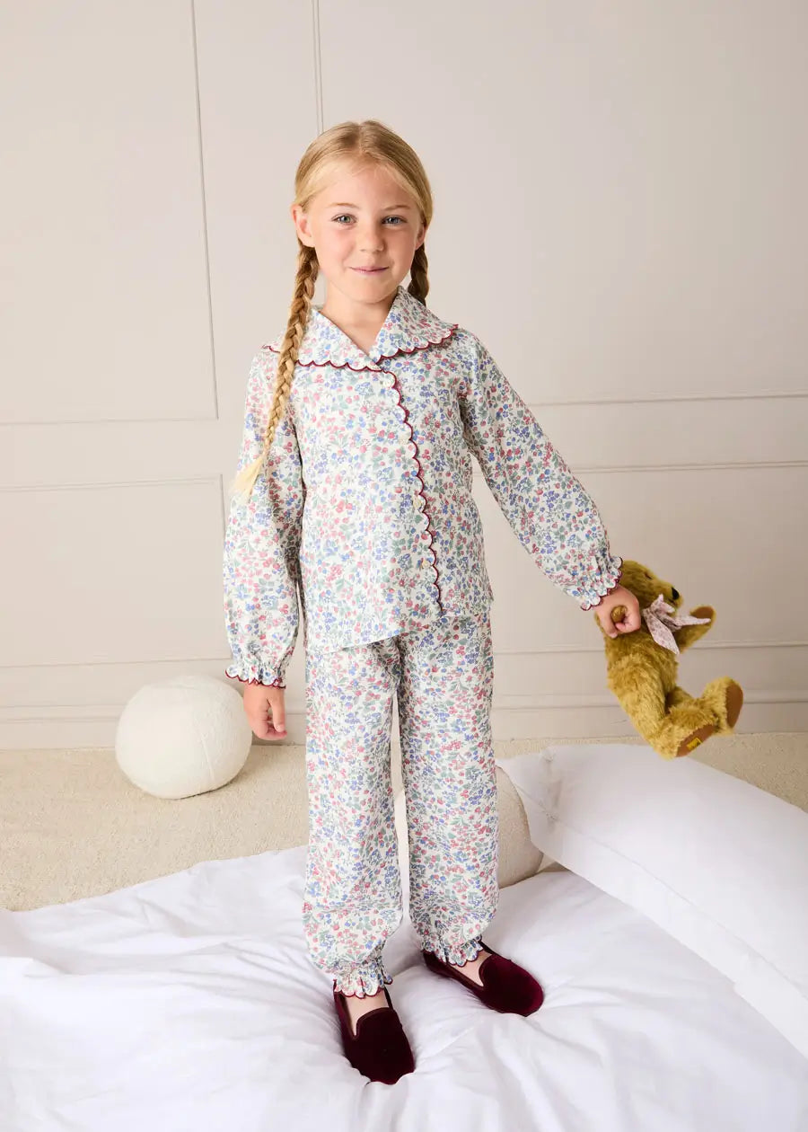 Rebecca Floral Scallop Edge Pyjamas in Red (2-10yrs) Nightwear from Pepa London