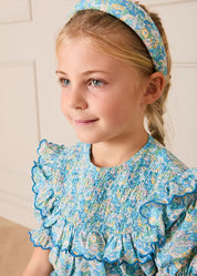 Leontyne Floral Scalloped Smocked Detail Short Sleeve Blouse in Blue Made with Liberty Fabric (2- 10yrs) Blouses from Pepa London