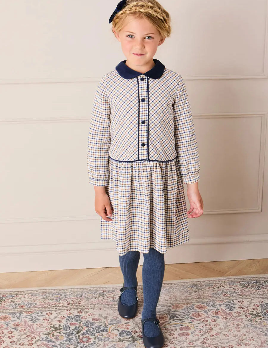 Thirleby Check Velvet Collar Button Detail Long Sleeve Dress in Camel (18mths-12yrs) Dresses from Pepa London