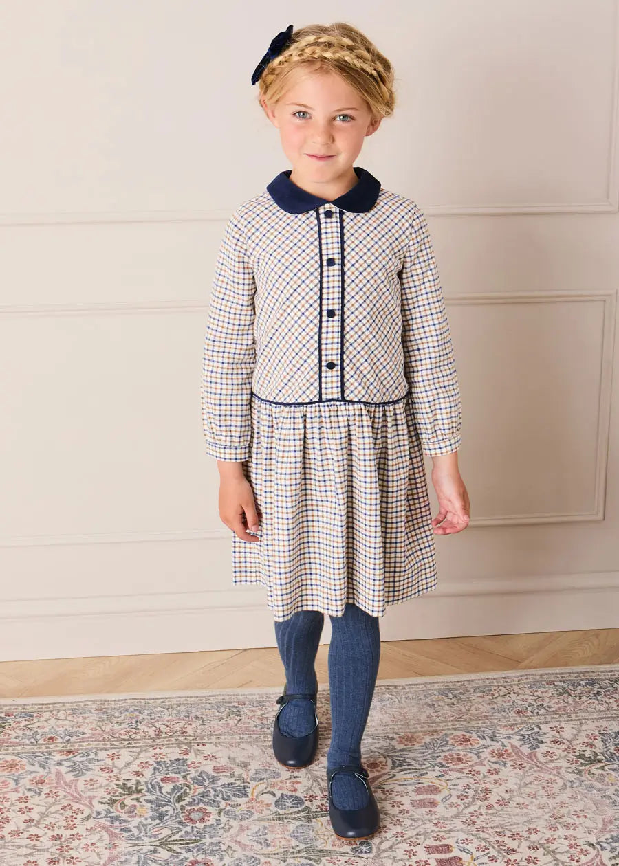 Thirleby Check Velvet Collar Button Detail Long Sleeve Dress in Camel (18mths-12yrs) Dresses from Pepa London