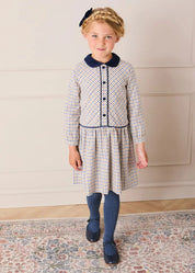 Thirleby Check Velvet Collar Button Detail Long Sleeve Dress in Camel (18mths-12yrs) Dresses from Pepa London