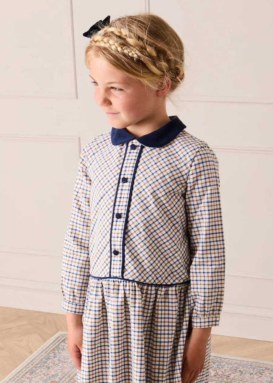 Thirleby Check Velvet Collar Button Detail Long Sleeve Dress in Camel (18mths-12yrs) Dresses from Pepa London