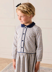 Thirleby Check Velvet Collar Button Detail Long Sleeve Dress in Camel (18mths-12yrs) Dresses from Pepa London