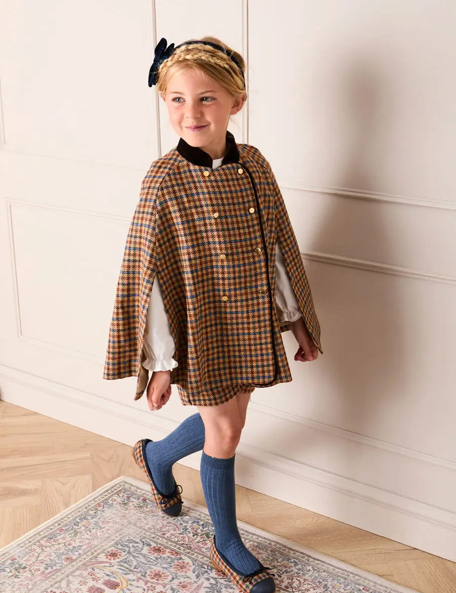 Vincent Check Velvet Collar Gold Button Detail Cape in Brown (2-8yrs) Coats from Pepa London