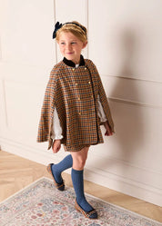 Vincent Check Velvet Collar Gold Button Detail Cape in Brown (2-8yrs) Coats from Pepa London