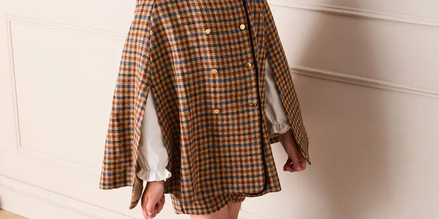 Vincent Check Velvet Collar Gold Button Detail Cape in Brown (2-8yrs) Coats from Pepa London