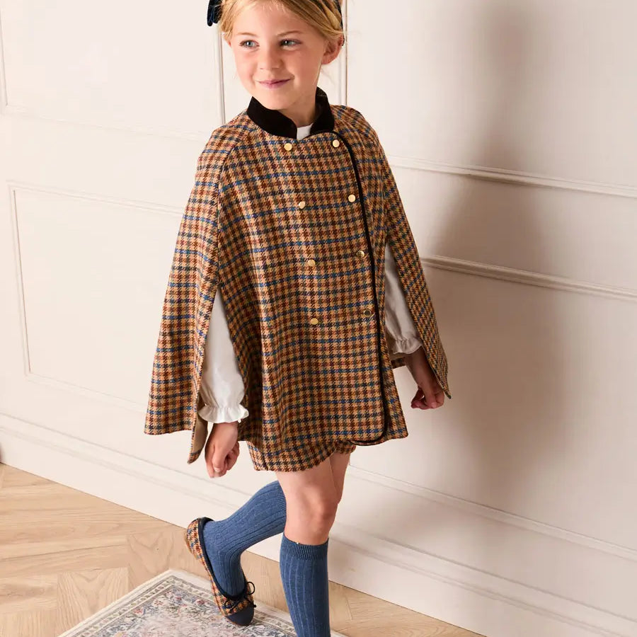 Vincent Check Velvet Collar Gold Button Detail Cape in Brown (2-8yrs) Coats from Pepa London