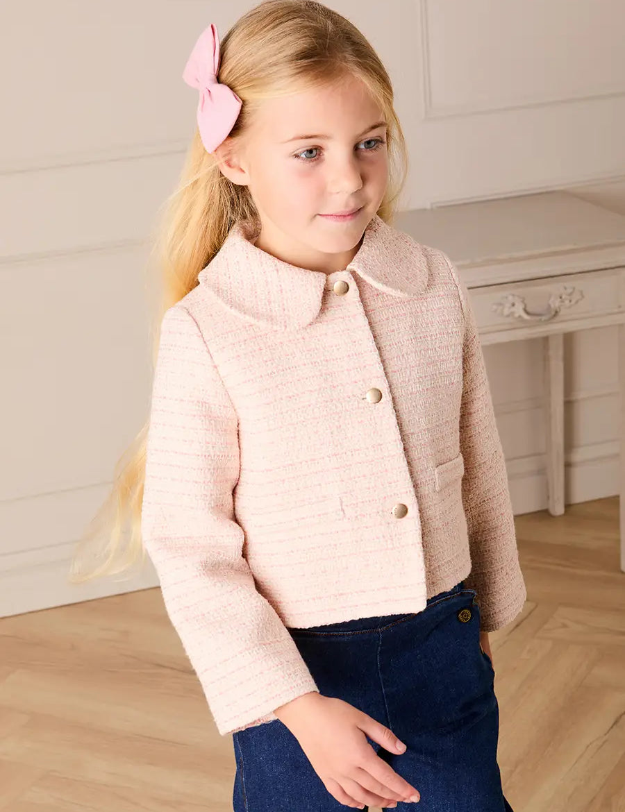 Brighton Boucle Tweed Peter Pan Collar Pocket Detail Jacket in Pink (4-12yrs) Coats from Pepa London