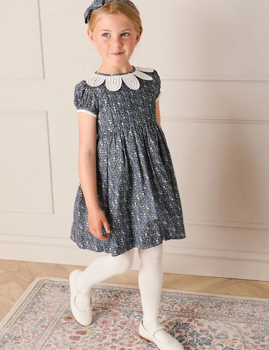 Lydia Floral Petal Collar Short Sleeve Bow Detail Dress in Blue (2-12yrs) Dresses from Pepa London