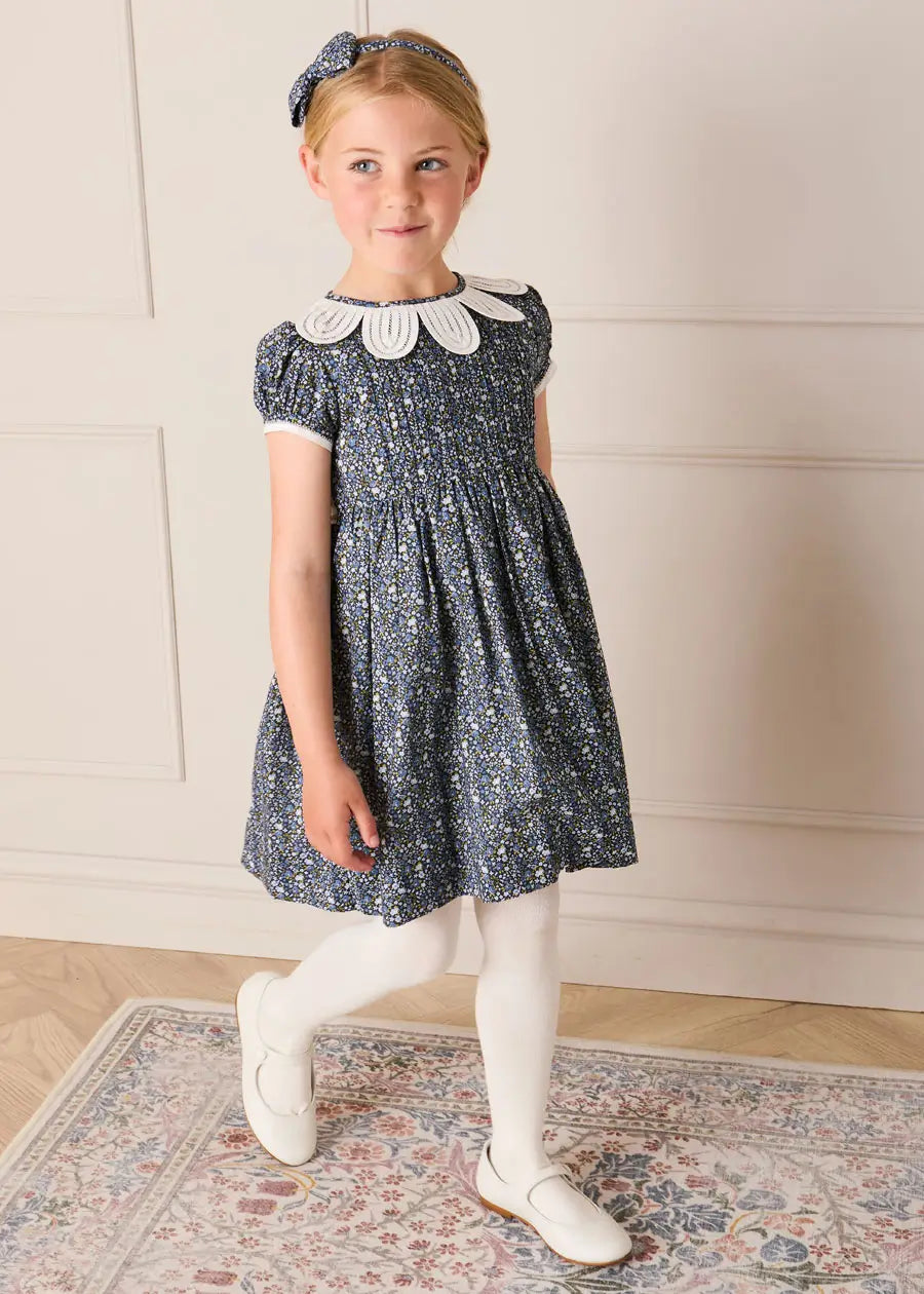Lydia Floral Petal Collar Short Sleeve Bow Detail Dress in Blue (2-12yrs) Dresses from Pepa London