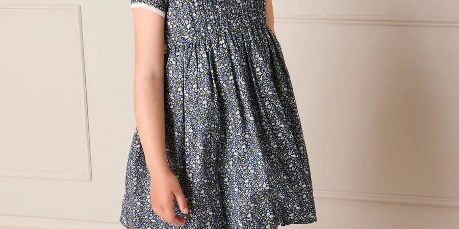 Lydia Floral Petal Collar Short Sleeve Bow Detail Dress in Blue (2-12yrs) Dresses from Pepa London