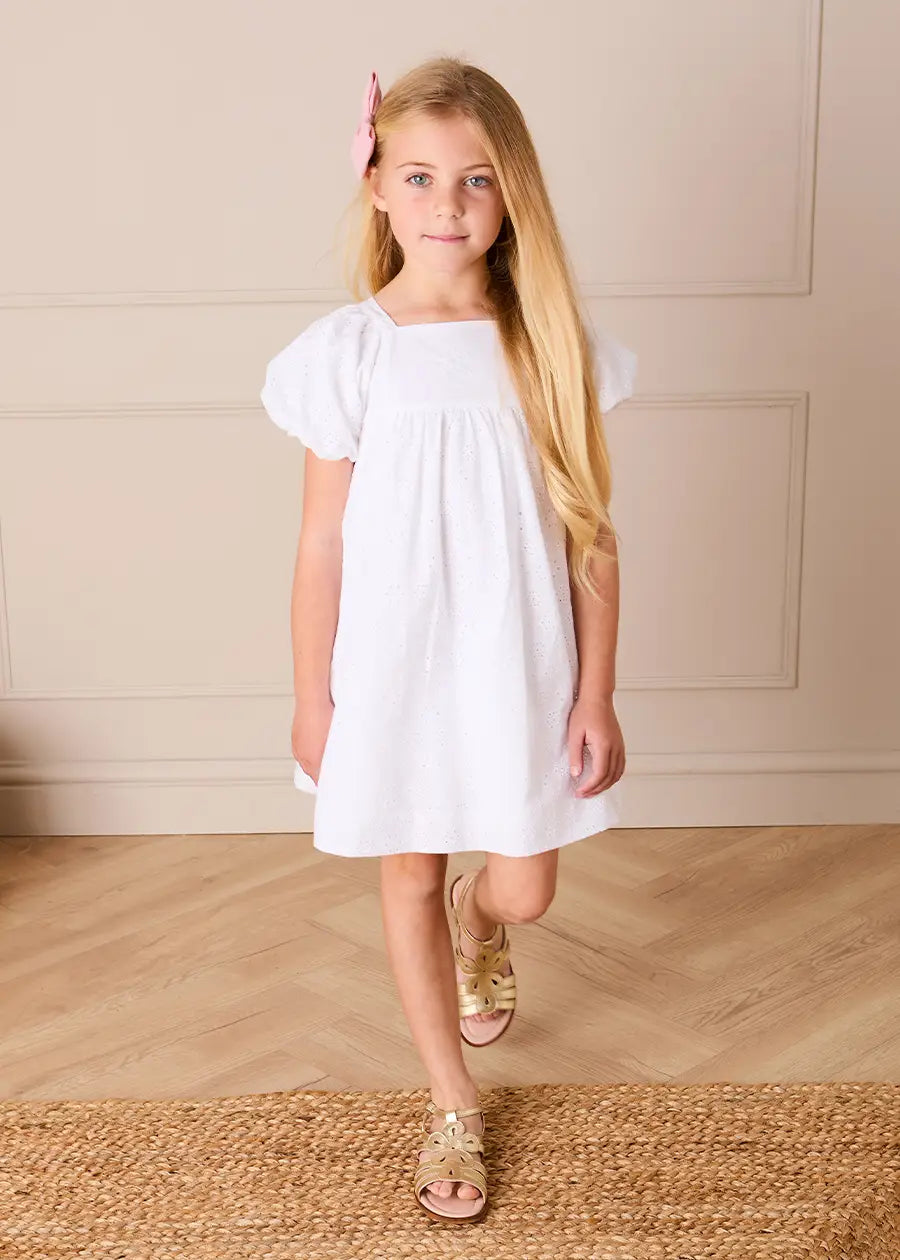 Flower Embroidered Broderie Anglaise Short Sleeve Dress in White (12mths-12yrs) DRESSES from Pepa London